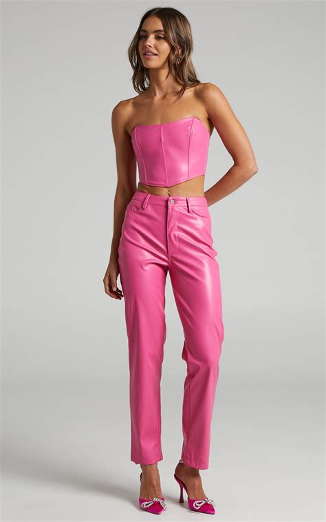 Dilyene Pants Mid Waist Straight Leg Faux Leather Pants In Hot Pink