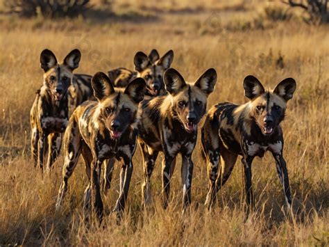 A Pack Of African Wild Dogs Hunting In The Grasslands Photo | JPG Free ...