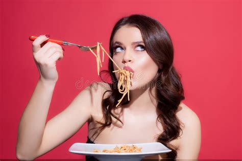 Italian Cuisine Concept Healthy Menu Woman Eat Tasty Pasta Food From