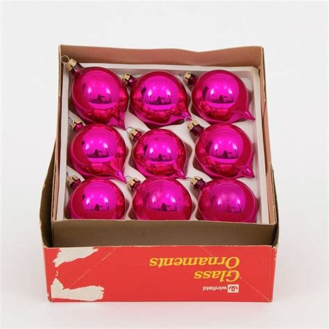 Midcentury Set Of 9 Hot Pink Glass Christmas Baubles In Box C 1960s