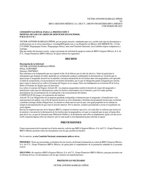 Queja Formato Condusef VICTOR ANTONIO BARRAZA PIÑON VS BBVA SEGUROS