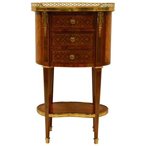 Oval Shaped Sienna Marble Top French Side Table With Brass Gallery And