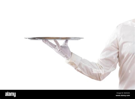 Waiter Holding Empty Silver Tray Isolated On White Background Stock