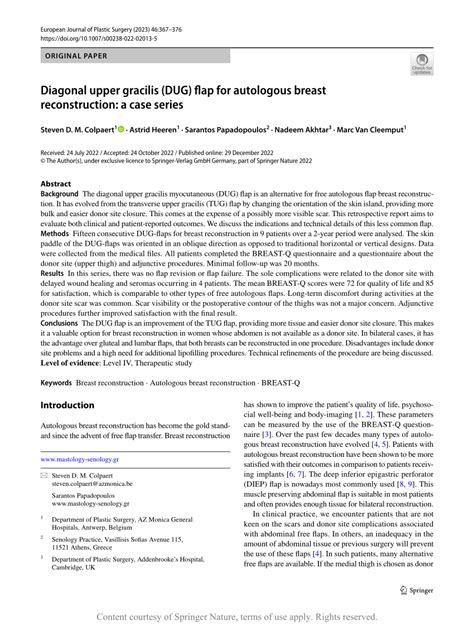 Diagonal upper gracilis (DUG) flap for autologous breast reconstruction: a case series | Request PDF