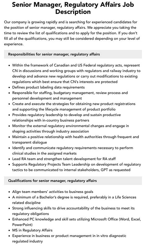 Senior Manager Regulatory Affairs Job Description Velvet Jobs