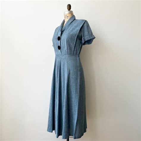 Robe Col Châle Bleu Grisâtre Vintage Années 1940 Années 1950 Robe à