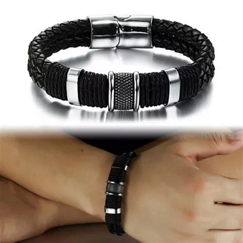 Bracelete Pulseira Masculina Couro Legitimo Aço Inox Frete grátis