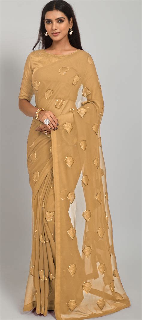 Party Wear Reception Yellow Color Georgette Fabric Saree 1863095