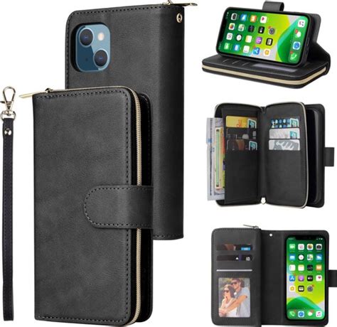 BookCover 9 Cards Wallet Etui Voor IPhone 13 IPhone 14 Zwart