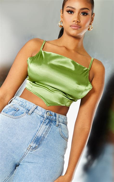 Olive Satin Cowl Neck Crop Top Tops Prettylittlething Usa