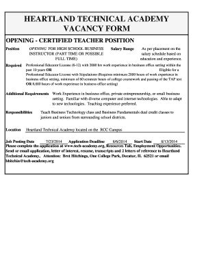 Fillable Online Tech Academy HEARTLAND TECHNICAL ACADEMY VACANCY FORM