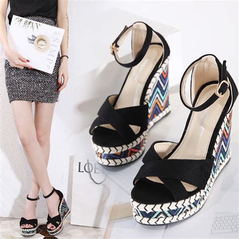 12cm High Heels Platform Wedges Shoes Black High Heels with Cross ...