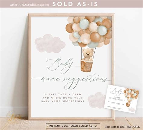 Teddy Bear Sage Green Hot Air Balloon Baby Shower Guess Baby Name Suggestion We Can Beary Wait