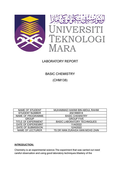 Laboratory Report Chm138 LABORATORY REPORT BASIC CHEMISTRY CHM138