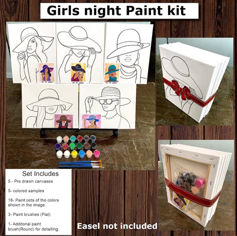 Girls Night/bulk/5 Pc Canvas Pack/paint Kit/size-8x10 Inches/predrawn Canvs/18 Paint Pots/3 Flat ...