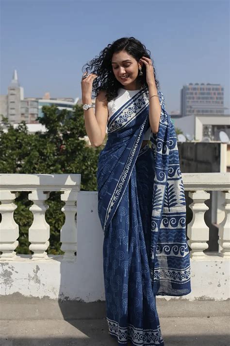 Indigo Bouquet Dabu Bagru Hand Block Print Saree Made Of Mulmul Cotton