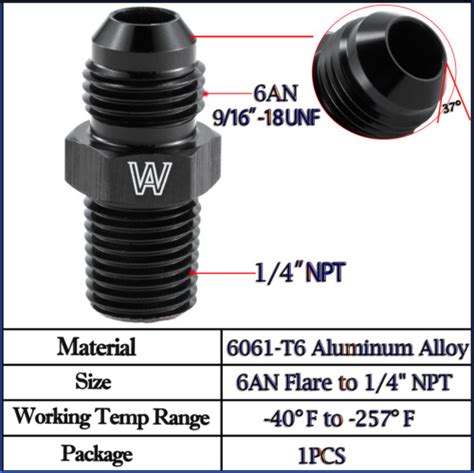 6AN Male Flare To 1 4 NPT Pipe Fitting Adapter Aluminum Straight Black