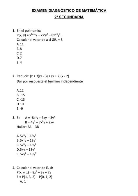 Examen Diagn Stico Do Secundaria Examen Diagn Stico De Matem Tica