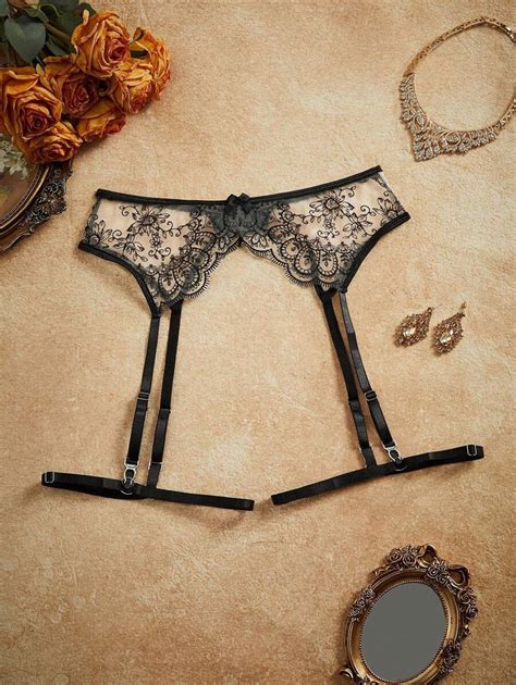 PinupPomp Women S Floral Embroidered Mesh Bow Decor Lingerie Accessories Garter Belt Lingerie