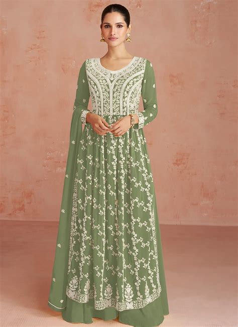 Shop Green Faux Georgette Embroidered Palazzo Suit Party Wear Online At