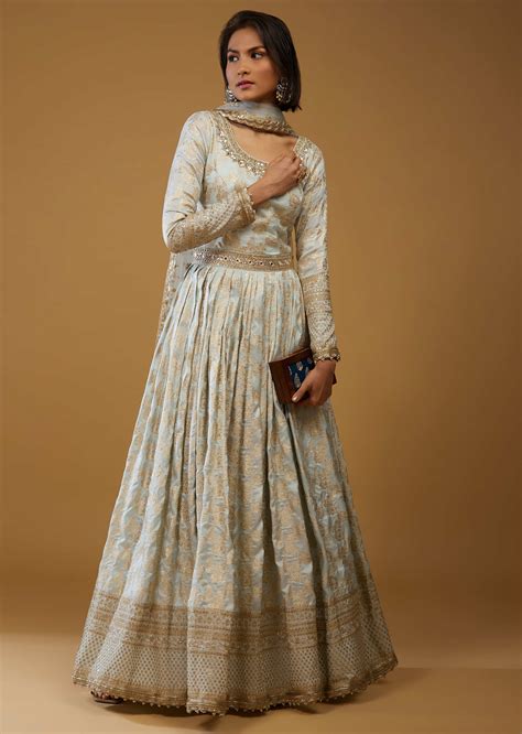 Buy Frost White Anarkali Suit With Floral Brocade Weave And Mirror