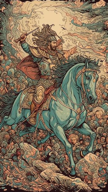 Premium Photo | A painting of a knight on a horse with a blue and green ...