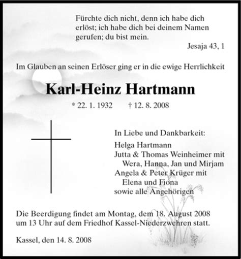 Traueranzeigen Von Karl Heinz Hartmann Trauer HNA De