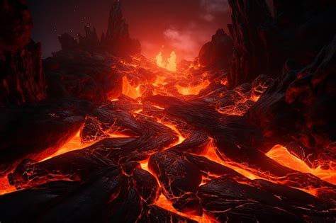 Flowing lava flow with glowing fire Fiery Steps Lead To A 3d Scene Of ...