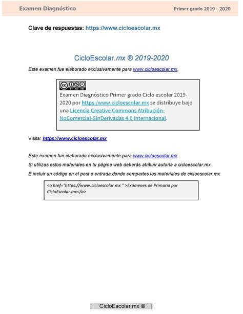 Examen Diagnóstico PRIMER grado 2019 2020 Imagenes Educativas
