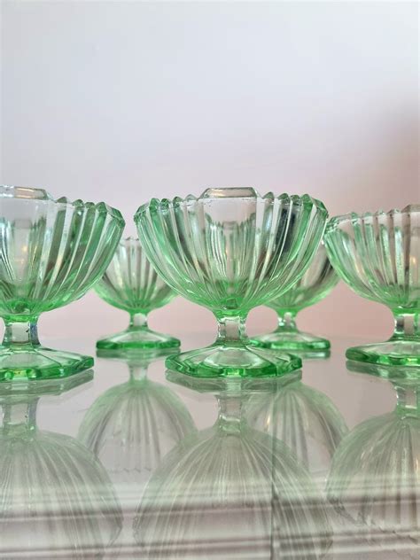 Green Depression Glass Art Deco Dessert Bowls X5 Etsy