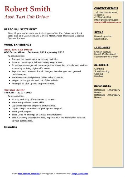 Taxi Cab Driver Resume Samples Qwikresume