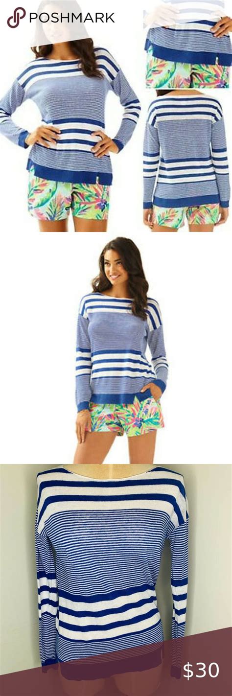 Lilly Pulitzer Blue Stripe Linen Boat Neck Sweater Striped Linen