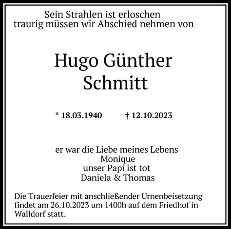 Traueranzeigen Von Hugo G Nther Schmitt Trauer Rheinmain De