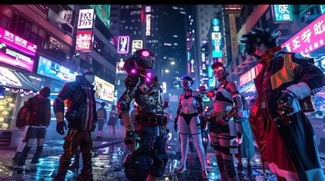 A Group Of Futuristic Cyberpunk Characters Stand On A Neon Lit City