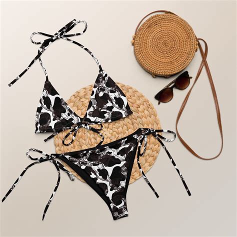 Longhorn Skull Cow Print Recycled String Bikini Set Western Swimsuit Cowgirl Bathing Suit