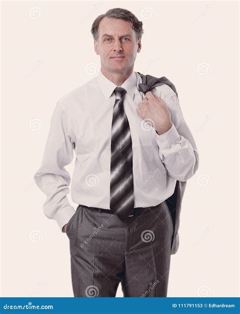 In All Growth Serious Man In Suit Holding Jacket Stock Image Image Of