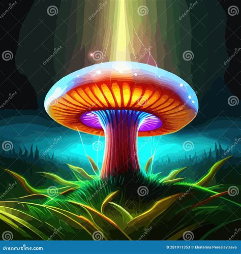 Magical Mushroom In Fantasy Enchanted Fairy Tale Forest With Lots