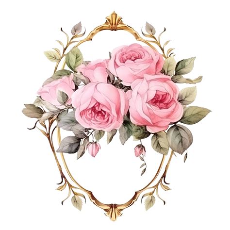 Ramo De Flores De Rosas Inglesas Rosa Acuarela Con Marco Dorado Png Dibujos Borde Ornamento