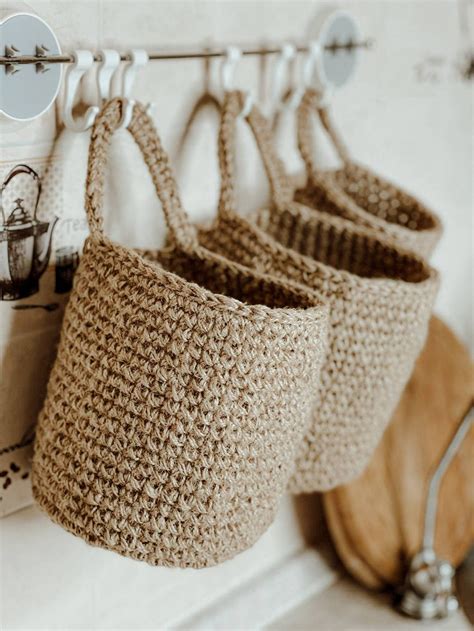 Jute Crochet Hanging Baskets L Inches Wall Etsy