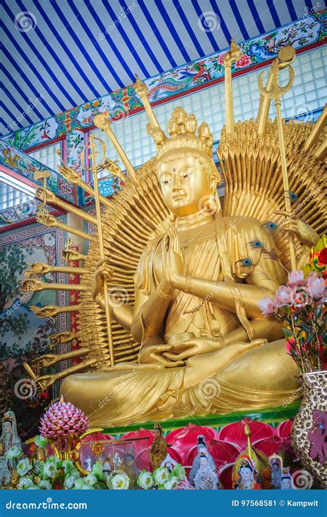 Golden Statue Of Guan Yin With 1000 Hands Guanyin Or Guan Yin I Stock