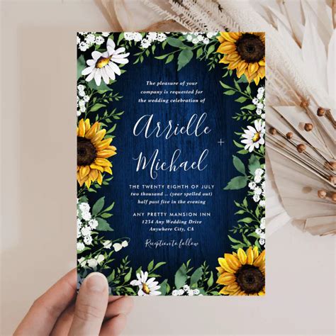 Navy Blue Sunflower Rustic Wedding Invitations Zazzle