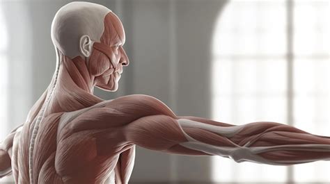Detailed anatomical view of a human muscular system with extended arm