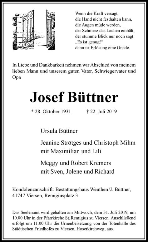 Alle Traueranzeigen für Josef Büttner trauer rp online de