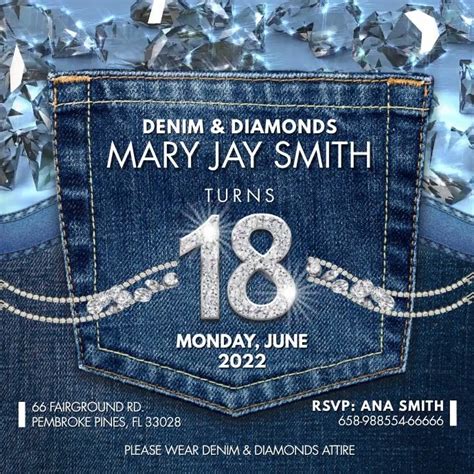 Editable Any Age Denim And Diamonds Birthday Party Invitation Suprise