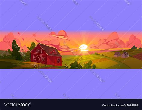 Sunrise countryside landscape with farm barn field