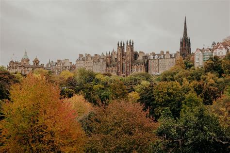 Edinburgh City Skyline In Autumn View From Princes Street Gardens