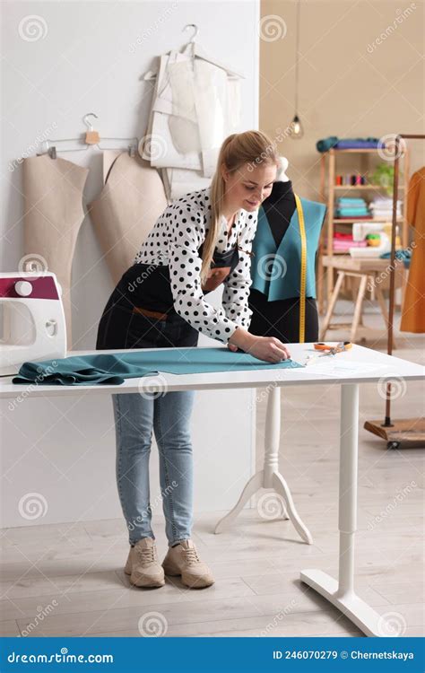 Dressmaker Marking Fabric With Chalk In Workshop Stock Image Image Of