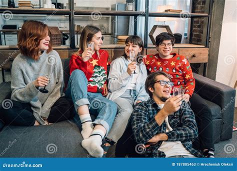 Group Friends Talking Sitting In A Couch In The Living Room Stock Image