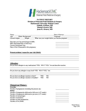 Fillable Online Patient History Form Hackensack University Medical