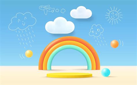 3D rendering podium kid style, colorful background, clouds and weather ...